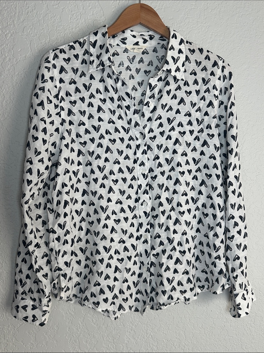 Lucky Brand Black Heart Button Up Shirt White Love Whimsical Feminine Casual